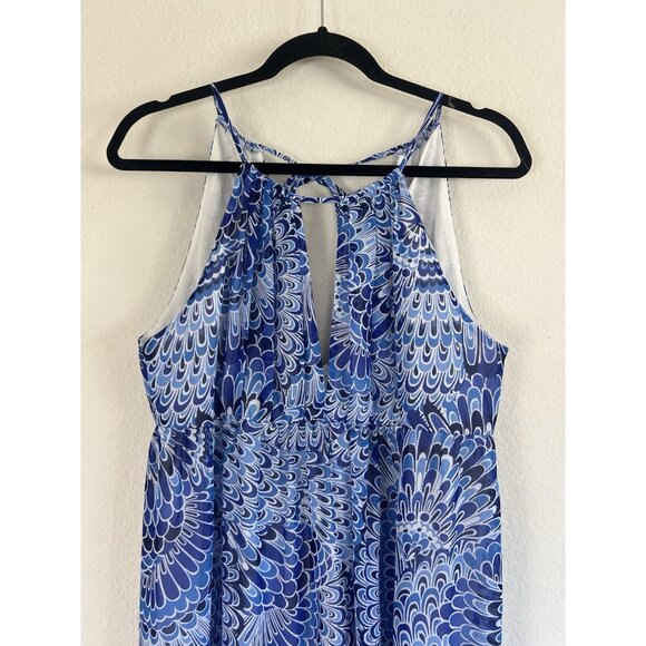 BOSTON PROPER Size 10 Boho Summer Peasant Tiered Maxi Dress Blue Feather Print - Picture 9 of 13